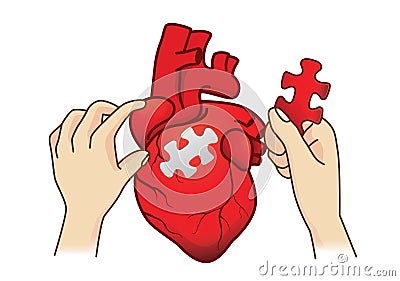 Hand paste the last piece to complete the human heart jigsaw. Vector Illustration