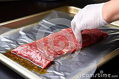 hand patting dry skirt steak before marinating Stock Photo