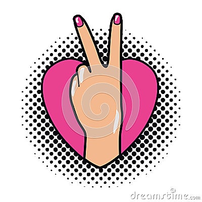 Hand with peace sign and love pop art Vector Illustration