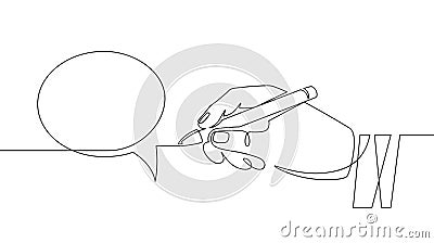 Hand with pen drawing speech bubbles. Sketch hand draws empty think balloon. Chat communication one continuous line Vector Illustration