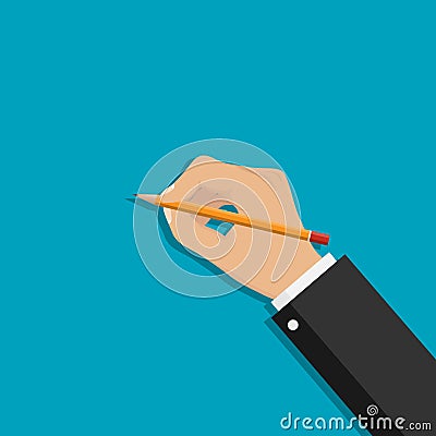 Hand with a pencil. Hand holding a pencil. Vector illustration Cartoon Illustration