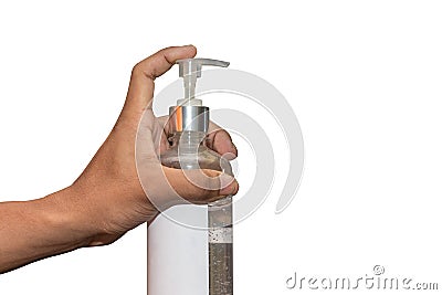 Hand of people are push pump bottle applying alcohol gel or anti bacteria soap to make hands cleaning and clear germ, bacteria, Stock Photo