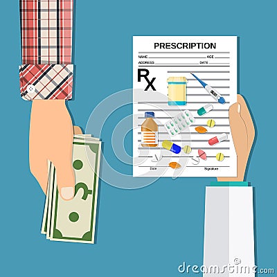 Hand of the pharmacist with Rx prescription Vector Illustration