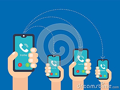 Hand with the phone. call to multiple smartphones. Vector Illustration