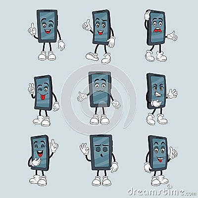 Hand phone character. Smartphone mascot. Funny face of digital tablet. Happy cellphones emotions. Gadgets gestures Vector Illustration