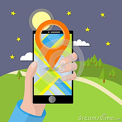 Hand with phone with Navigator app. Search route in nature. Vector Illustration
