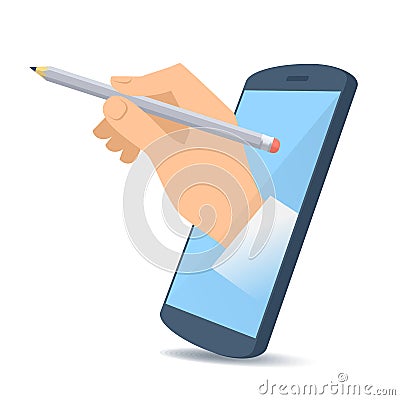 A hand from the phone`s screen holds an office pencil. Vector Illustration