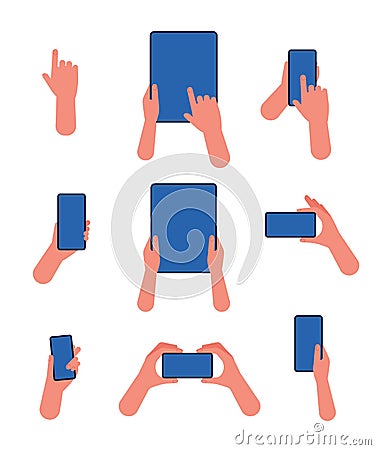 Hand with phone. Touch screen tablet and smartphone in hand pointing gestures using application modern device vector Vector Illustration