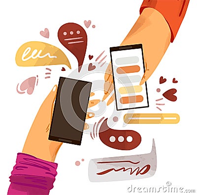 Hand with phone vector cartoon illustration. Smartphone with messenger, online chat, like and social engagement Vector Illustration
