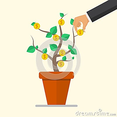 Hand pick a coin from money plant. Business concept. Vector illustration in flate design Vector Illustration