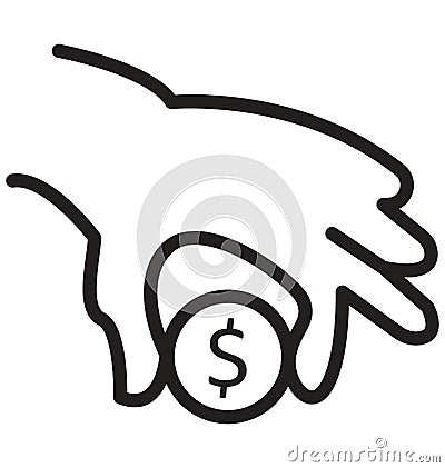 Hand pick up dollar coin line isolated vector icon can be easily modified and edit Vector Illustration