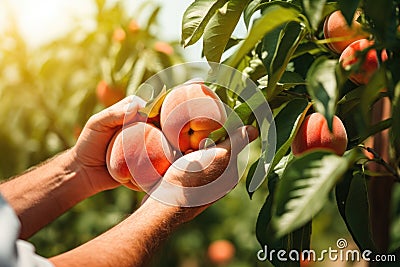 Hand picking fresh delicious juicy peach from orchard Stock Photo