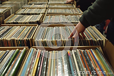 Hand picking old vinyl records from a shelf in a book store. Stock Photo