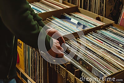 Hand picking old vinyl records from a shelf in a book store. Stock Photo