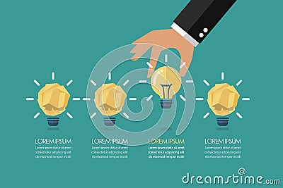 Hand picking up the perfect idea among the crumpled paper ideas infographic Vector Illustration