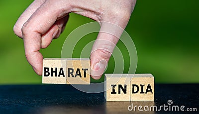 Hand pics cubes with the name Bharat instead of India. Symbol for the discussion how to name India Stock Photo