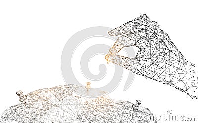 Hand with pin on the global map from lines, triangles and particle style design Vector Illustration