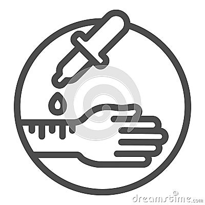 Hand with pipette line icon, Allergy concept, Allergy test sign on white background, hand and pipette with allergens Vector Illustration