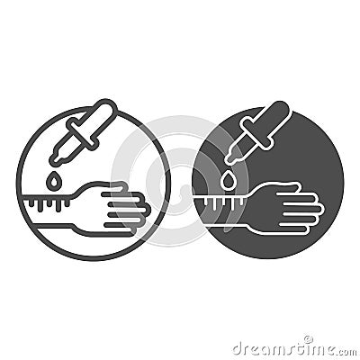 Hand with pipette line and solid icon, Allergy concept, Allergy test sign on white background, hand and pipette with Vector Illustration