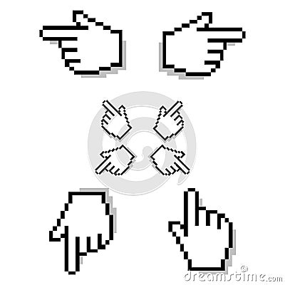 Hand pixel cursor in different direction up, down, left and right. Isolated on white background. Vector. Vector Illustration