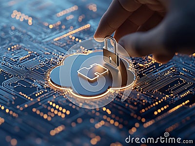 Hand placing a glowing key into a 3D rendered cloud shaped lock on a digital platform, symbolizing secure access, cybersecurity Cartoon Illustration