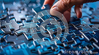 A hand is placing a piece of puzzle on the board, AI Stock Photo