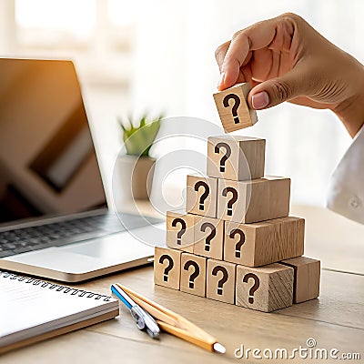 Hand Placing Wooden Block With Question Mark, Representing Uncertainty and Problem Solving Stock Photo