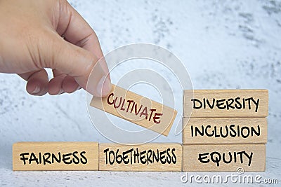 Hand placing wooden block with text - cultivate diversity, inclusion, equity. togetherness and fairness. Respecting Stock Photo