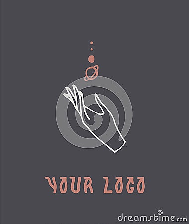 Hand with planets, linear style. Vector logo Vector Illustration