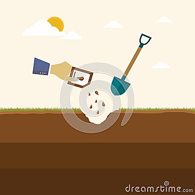 Hand planting seed in the ground. Gardening symbol isolated on a white background. Seedling tree poster about plant cultivation. Vector Illustration