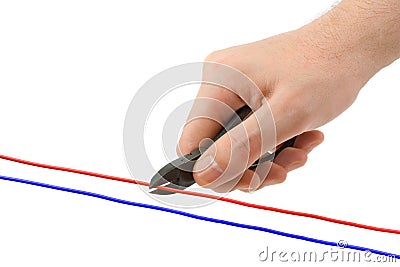 Hand, pliers and cable Stock Photo