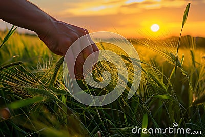 hand plucking rye ears from a lush field at sunset Stock Photo