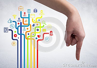 Hand pointing against digitally generated connecting icons Stock Photo