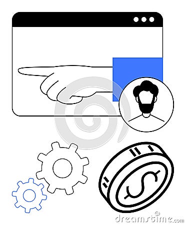 Hand pointing on browser screen with profile icon, gears, and coin symbolizing guidance and efficiency Vector Illustration