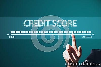 Hand pointing at creative credit score bar on background. Financial performance and history concept Stock Photo