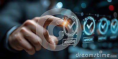 Hand is pointing at digital approve button with glowing check mark, futuristic interface Stock Photo
