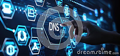 Hand pointing at DNS icon on a digital futuristic interface. Domain Name System concept. Stock Photo
