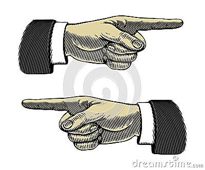 Hand with pointing finger in engraved style Vector Illustration