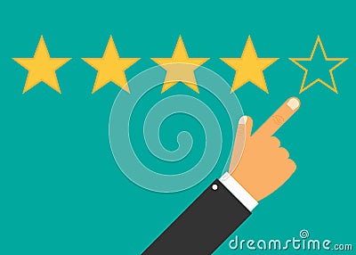 Hand with pointing finger pointing to rating stars. Vector Illustration