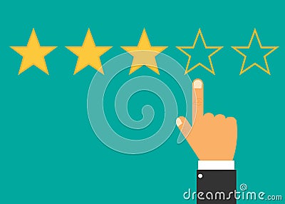 Hand with pointing finger pointing to rating stars. Vector Illustration