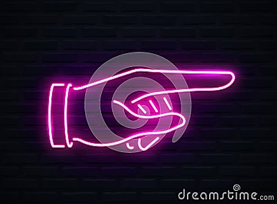 Hand with Pointing Finger, Side View, in Neon Style Vector Illustration