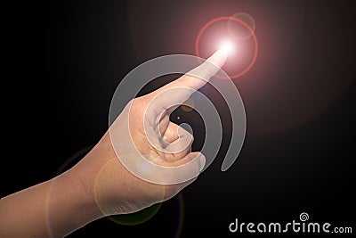 The hand is pointing at the finger, there is light Stock Photo