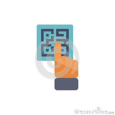 Hand pointing with index finger to scan qr code Stock Photo