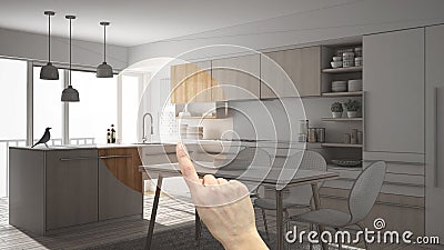 Hand pointing interior design project, home project detail, deciding on rooms furnishing or remodeling concept, modern minimalisti Stock Photo