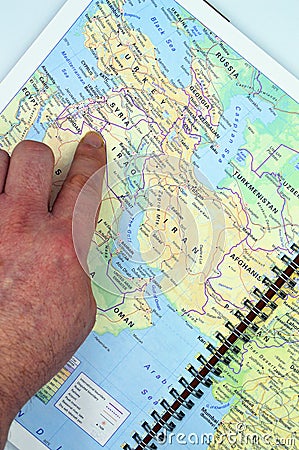 Hand pointing middle east countries, Middle East geographic maps Stock Photo