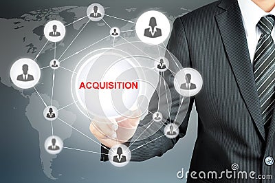 Hand pointing to ACQUISITION sign with businesspeople icon netw Stock Photo