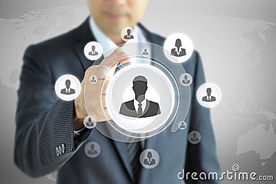 Hand pointing to businessman icon - HR & recruitment concept Stock Photo