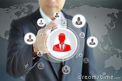 Hand pointing to businessman icon - HR & recruitment concept Stock Photo