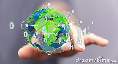 Hand pointing to a 3D rendered globe in a binary network - the concept of ecology Stock Photo