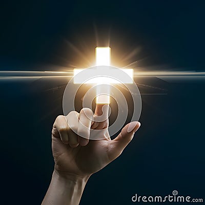 Hand pointing to glowing plus sign in dark background, futuristic interaction with virtual interface Stock Photo